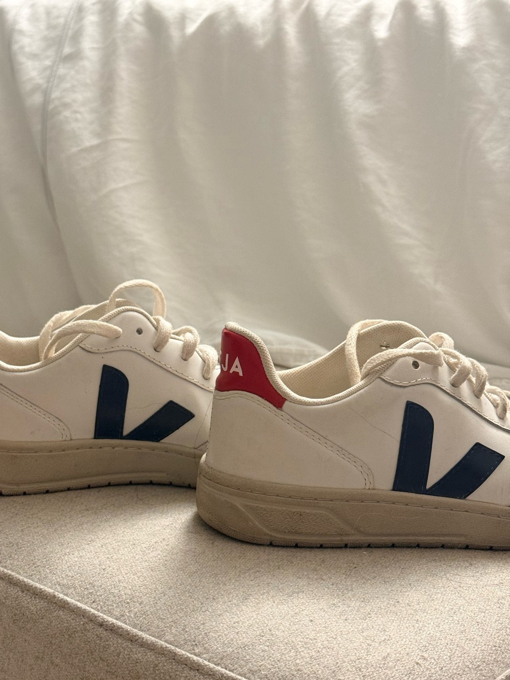 Veja White Sneakers with Navy V and Red Heel